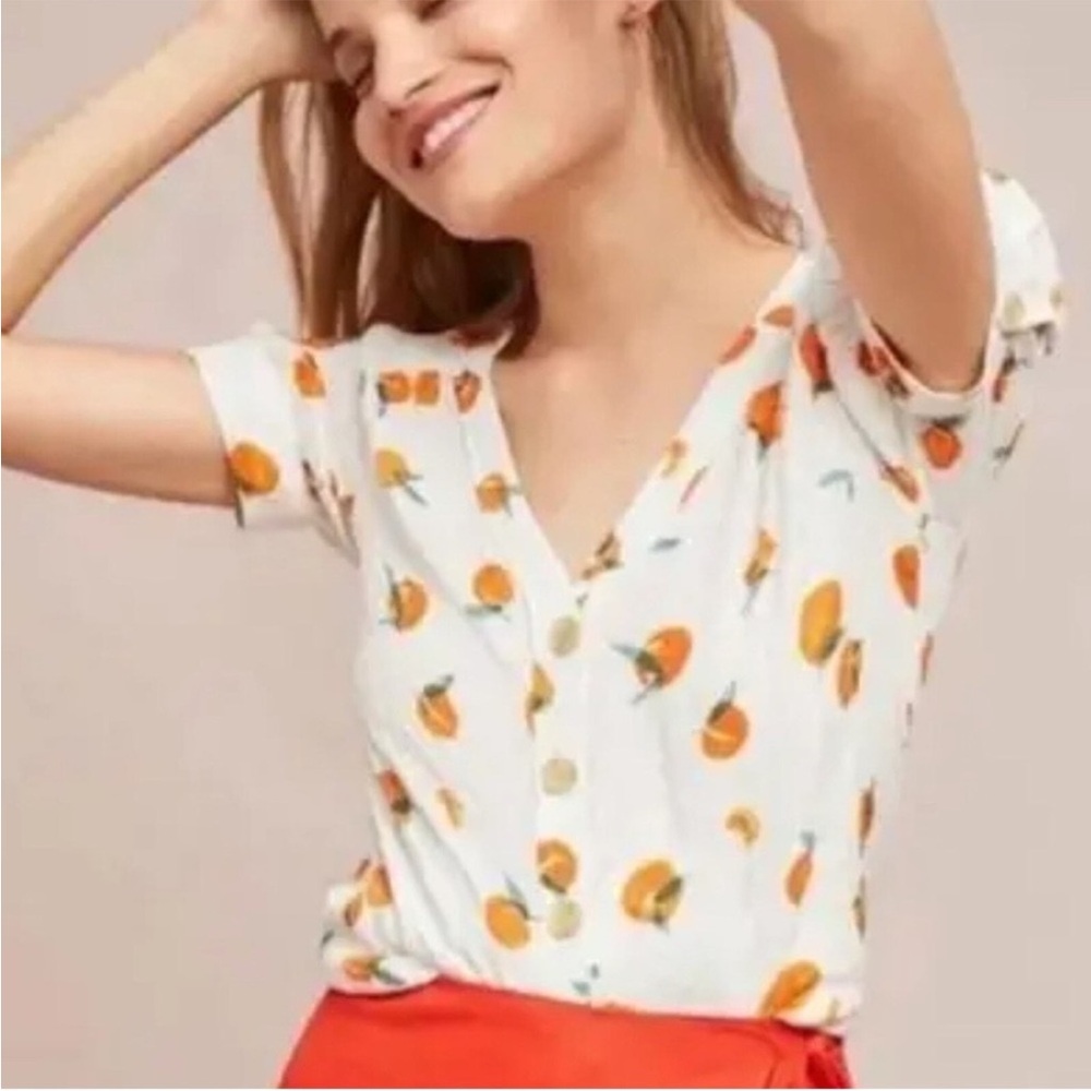 Anthropologie Women's White & Orange Novelty Print Short Sleeve Button Up Blouse